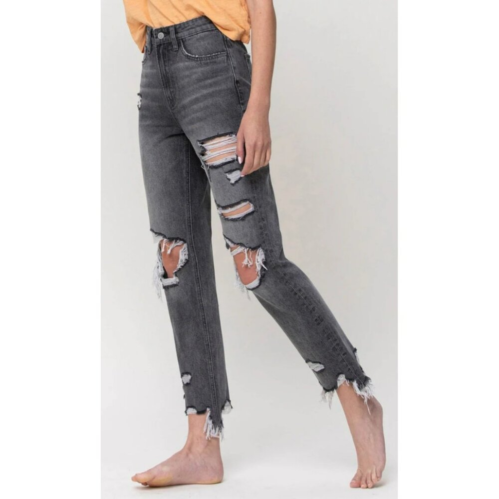Flying Monkey Ultra High Rise Straight Distressed Gray Jeans Ripped Look Raw Hem
